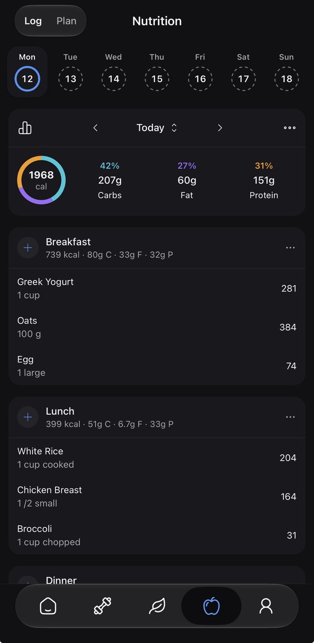 Nutrition plan in the app